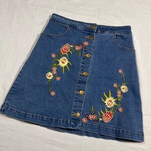 Denim Mini Skirt Floral Embroidered Button‎ Front A Line Size S